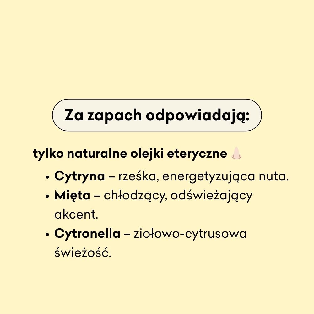 Za zapach mydła odpowiadają olejki eteryczne: cytryna, mięta i cytronella. 