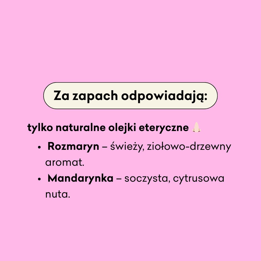 Szampon w kostce Normalizujący infografika za zapach odpowiadają naturalne olejki eteryczne: rozmaryn, mandarynka.