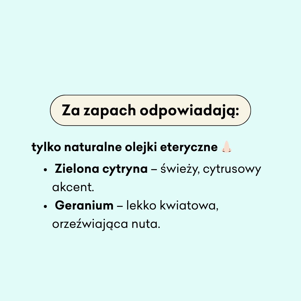 Szampon w kostce Uniwersalny infografika za zapach odpowiadają: tylko naturalne olejki eteryczne, zielona cytryna, geranium.