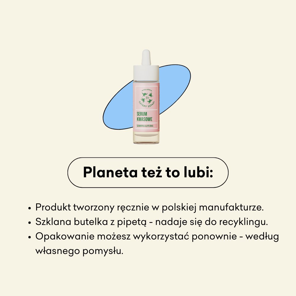 Serum kwasowe Szarotka Alpejska infografika planeta też to lubi: produkt tworzony ręcznie w polskiej manufakturze, szklana butelka z pepitą, opakowanie możesz wykorzystać ponownie.