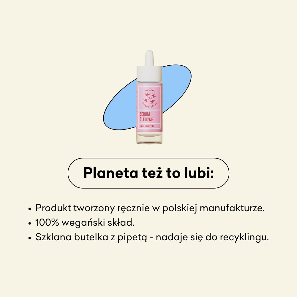 Serum olejowe Kwiat Koniczyny infografika: produkt stworzony ręcznie w polskiej manufakturze, 100% wegański skład, szklana butelka z pepitą.