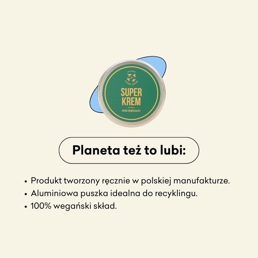 Superkrem infografika planeta też to lubi: produkt tworzony ręcznie w polskiej manufakturze, aluminiowa puszka idealna do recyklingu, 100% wegański skład.