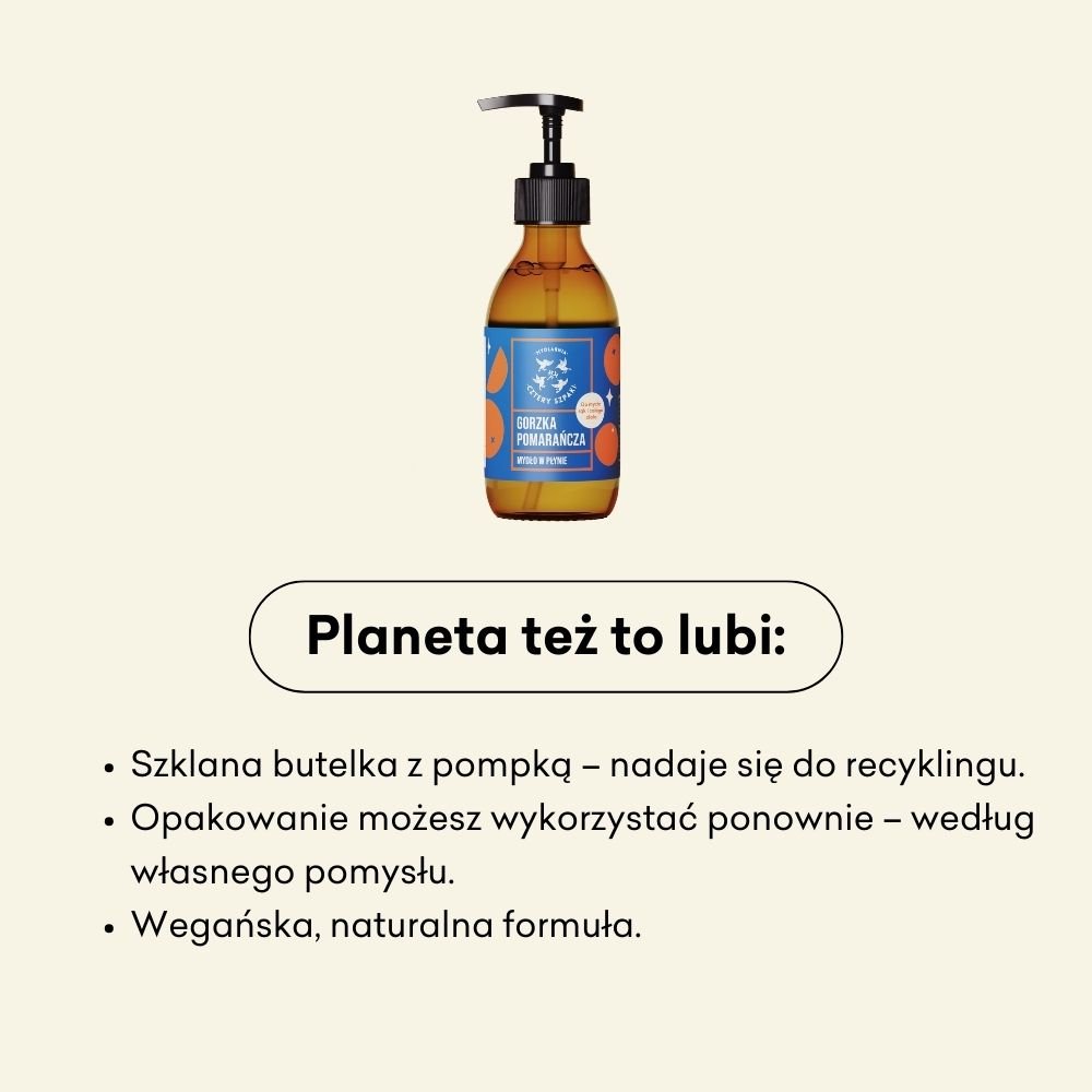 Brązowa szklana butelka z pompką, oznaczona napisem „Gorzka Pomarańcza” i pomarańczowymi ilustracjami, została podkreślona na jasnym tle. Poniżej tekst podkreśla aspekty ekologiczne: szkło nadające się do recyklingu, opakowania wielokrotnego użytku oraz w