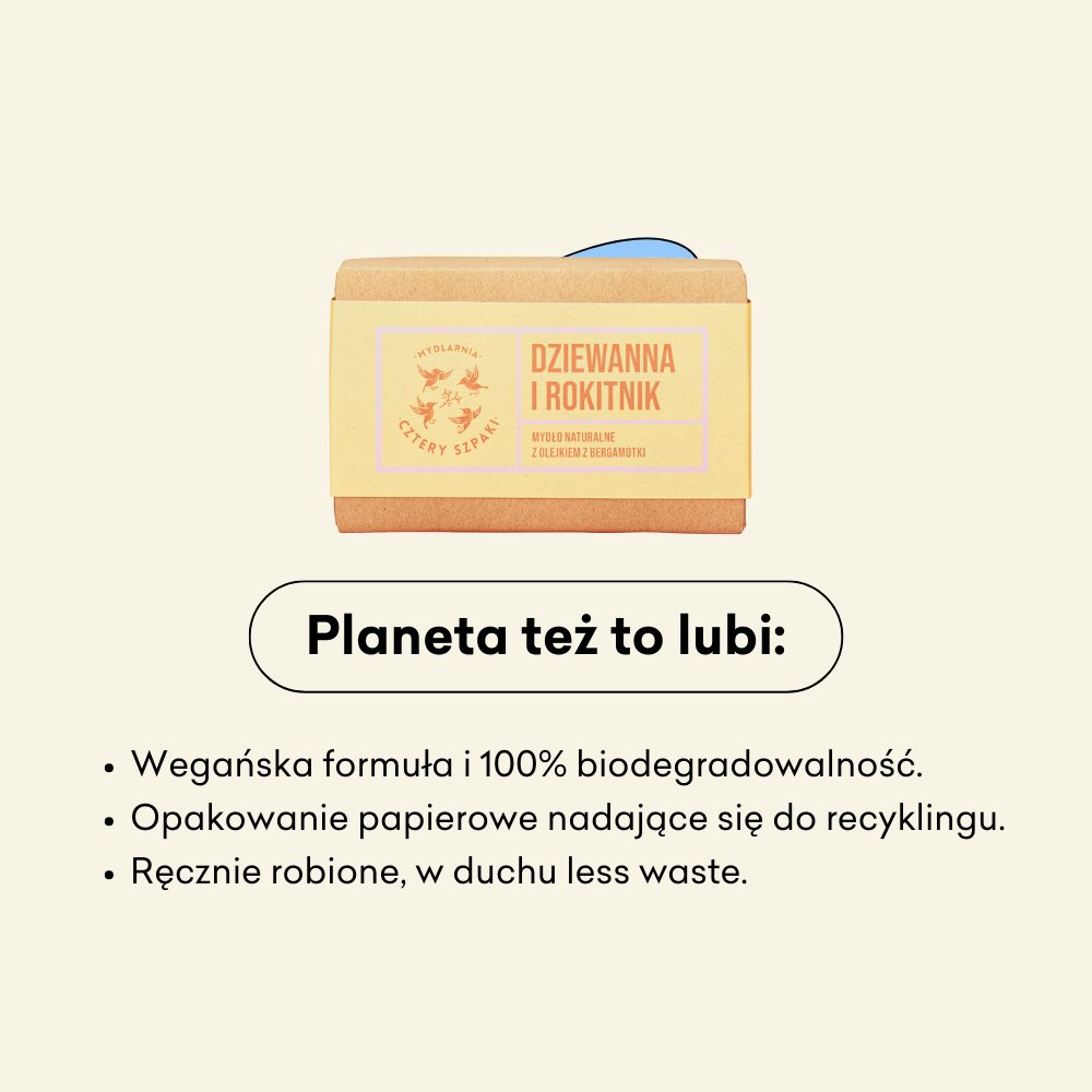Infografika dotycząca wpływu produktu na planetę. Wegańska formuła i biodegradowalność, opakowanie nadające się do recyklingu. 