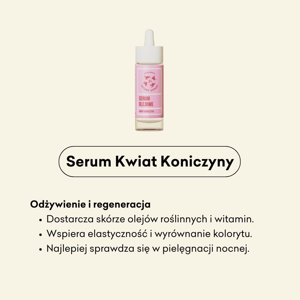 Serum Kwiat Koniczny dostarcza skórze olejków roślinnych i witamin, wspiera elastyczność i wyrównanie kolorytu. Najlepiej sprawdza się w pielęgnacji nocnej. 