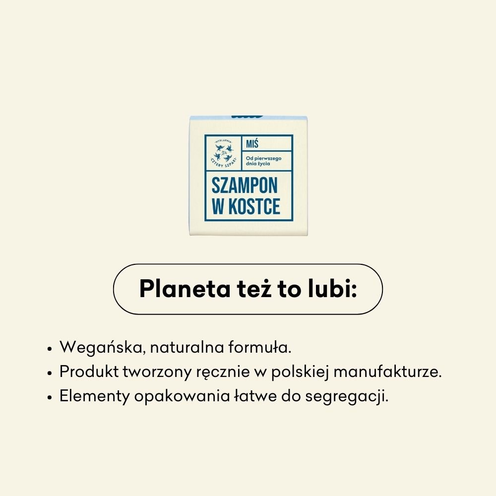 Szampon w kostce Miś to wegańska, naturalna formuła. Produkt tworzony  ręcznie w polskiej manufakturze.