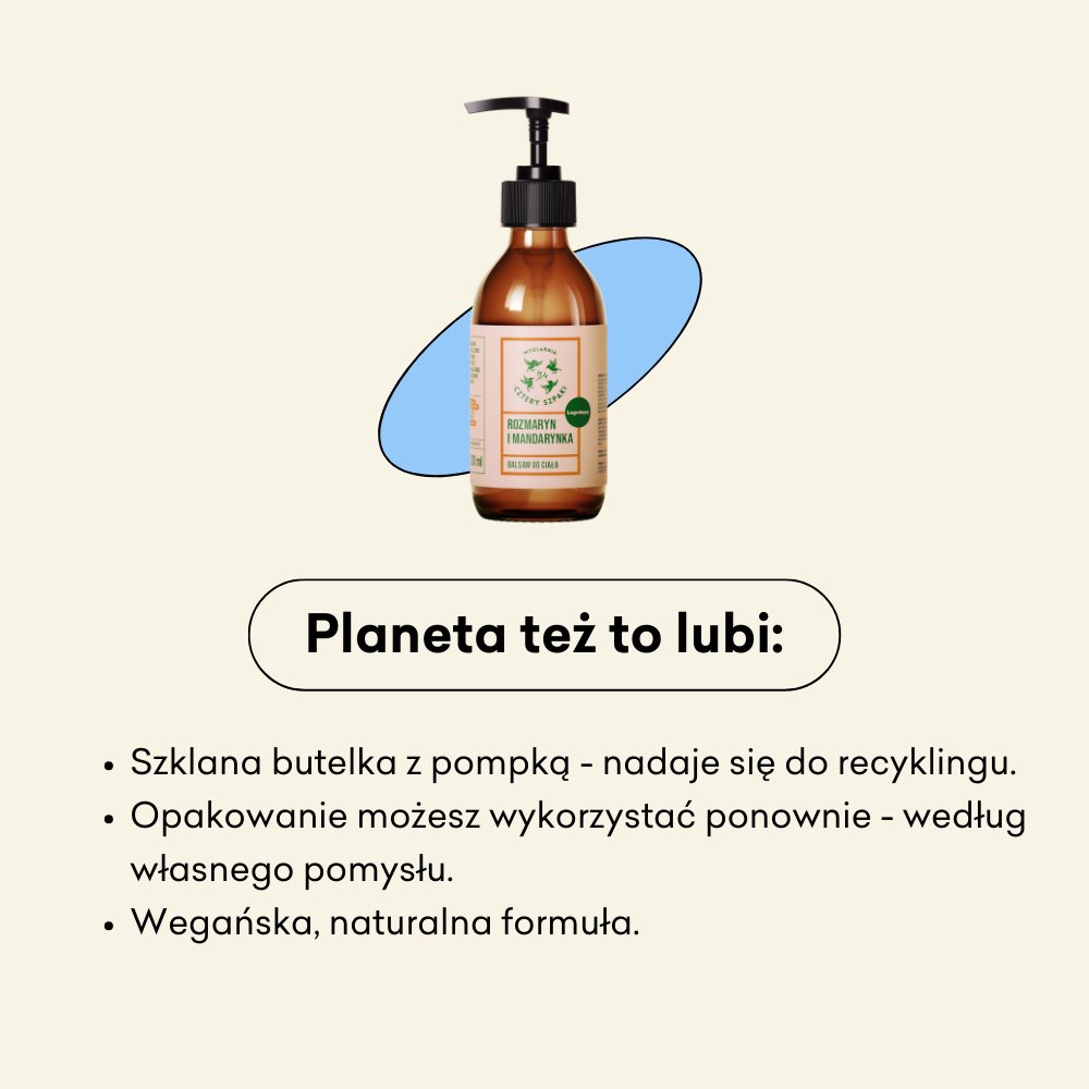 Szklana butelka z pompką, na której znajduje się tekst: balsam do ciała z rozmarynem i mandarynką. Ustawiono go na jasnym tle z niebieskim akcentem. Tekst podkreśla cechy przyjazne dla środowiska: szkło nadające się do recyklingu, opakowanie wielokrotnego
