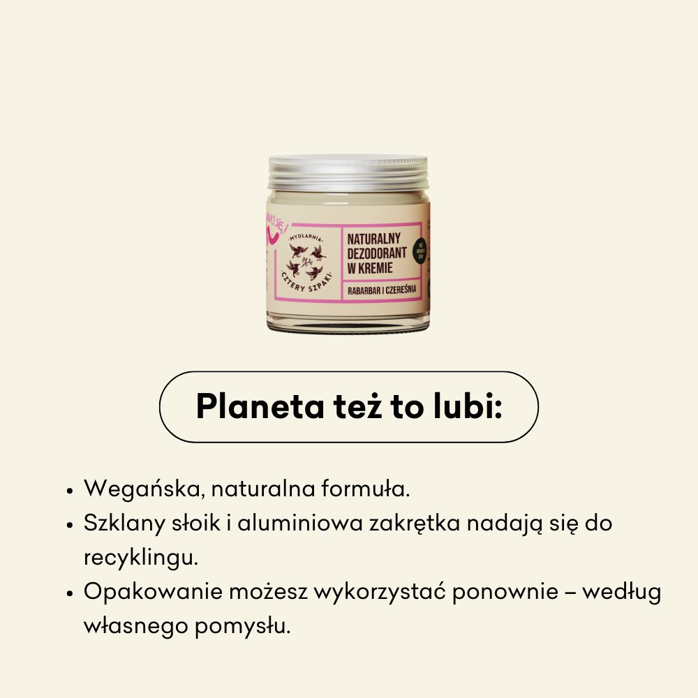 Szklany słoiczek z metalową zakrętką zawiera naturalny kremowy dezodorant z napisem „Rabarbar i Czereśnia”, marki „Cztery Szpaki”. Tekst towarzyszący podkreśla wegańską formułę, opakowanie nadające się do recyklingu i pojemnik wielokrotnego użytku.