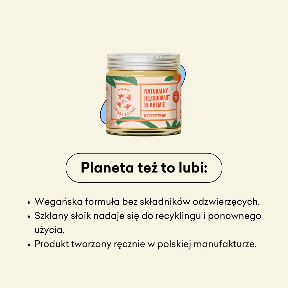 Naturalny dezodorant w kremie mandarynkowy bez dodatku sody wegańska formuła, opakowanie nadające się do recyklingu.