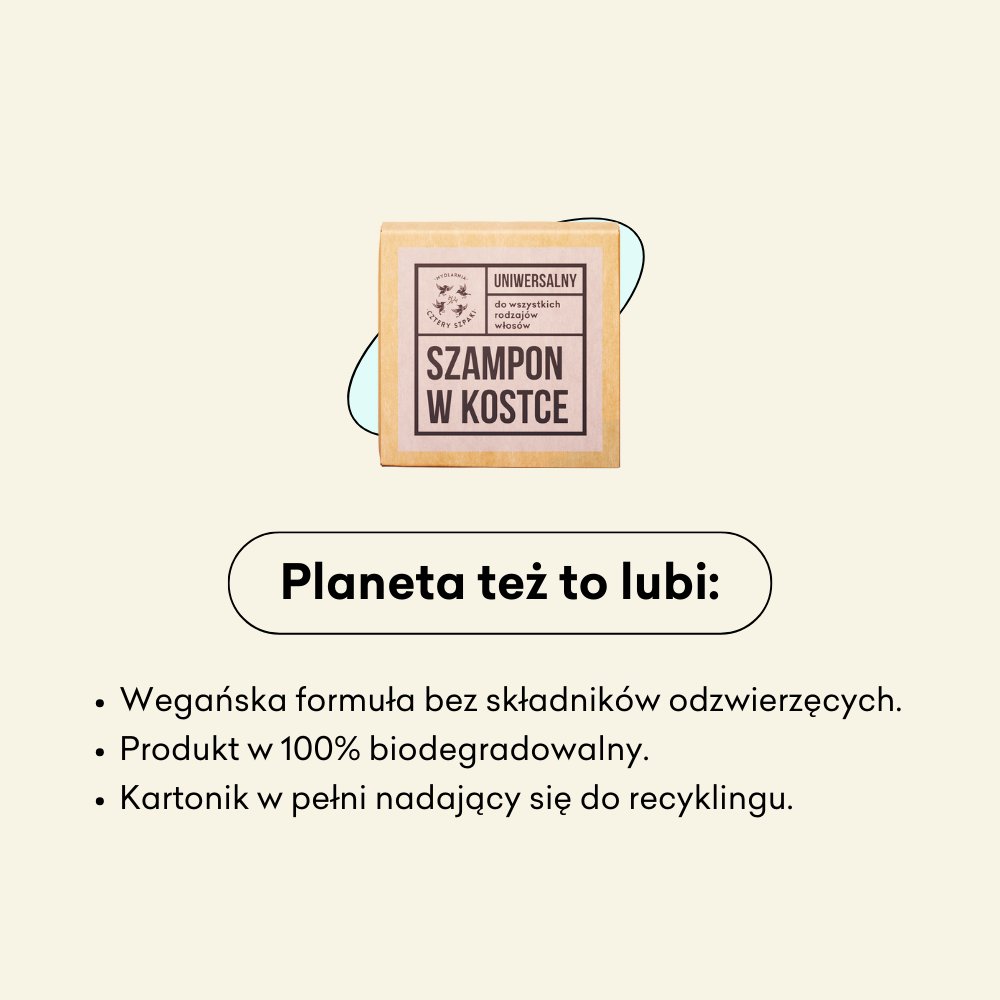 Szampon w kostce Uniwersalny infografika planeta też to lubi: wegańska formuła, produkt w 100% biodegradowalny, kartonik nadający się do recyklingu.