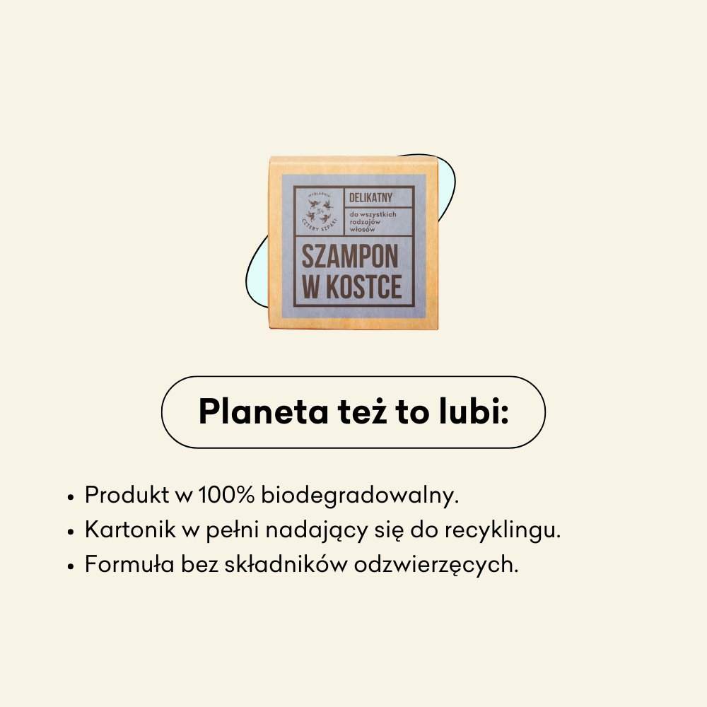 Szampon w kostce Delikatny w 100% biodegradowalny, kartonik nadający się do recyklingu.