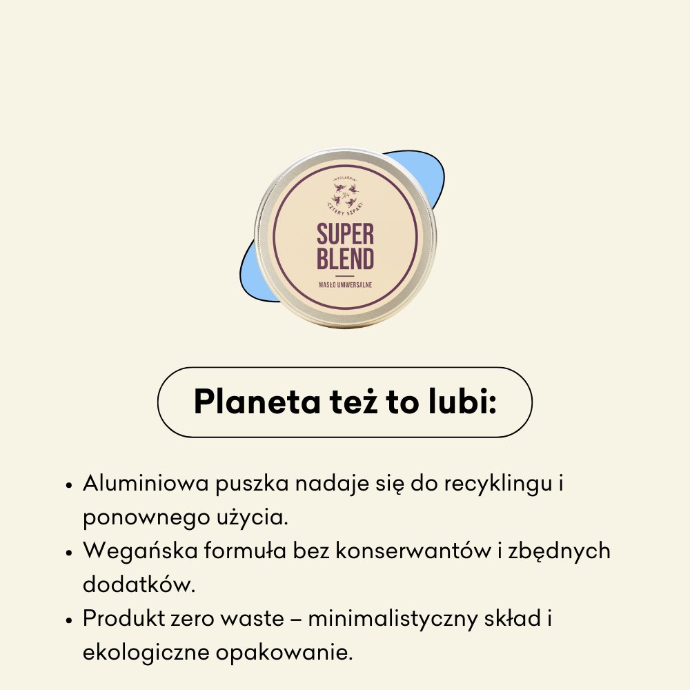 Superblend infografika planeta też to lubi: aluminiowa puszka nadaje się do recyklingu i ponownego użycia, wegańska formuła bez konserwantów, produkt zero waste.