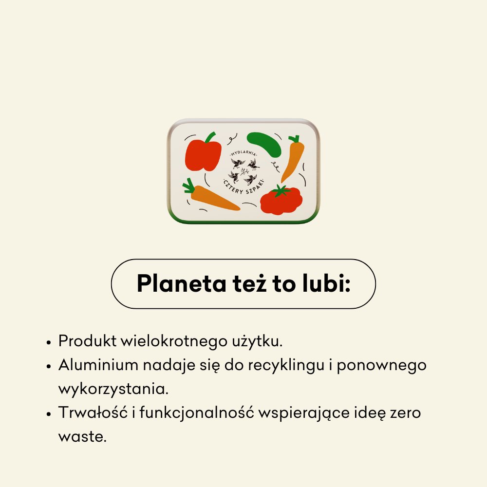 Nad tekstem pokazano prostokątną puszkę z kolorowymi ilustracjami warzyw, z logo pośrodku, podkreślającą jej ekologiczne walory: aluminium nadające się do ponownego użycia, nadające się do recyklingu oraz wsparcie dla zasady zero waste.