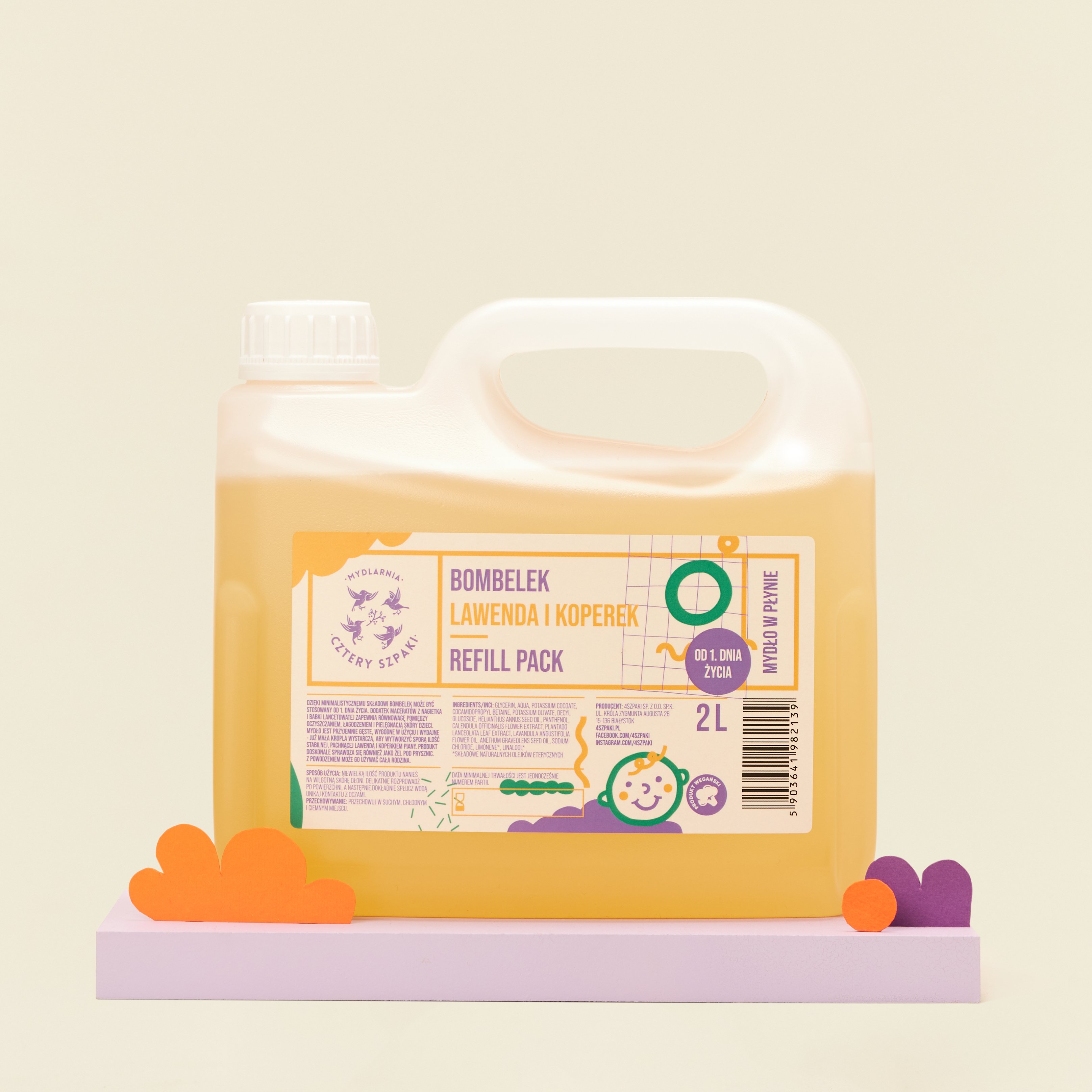 Naturalne mydło w płynie dla dzieci od 1. dnia życia w dwulitrowym opakowaniu typu refill Bombelek Lawenda i Koperek