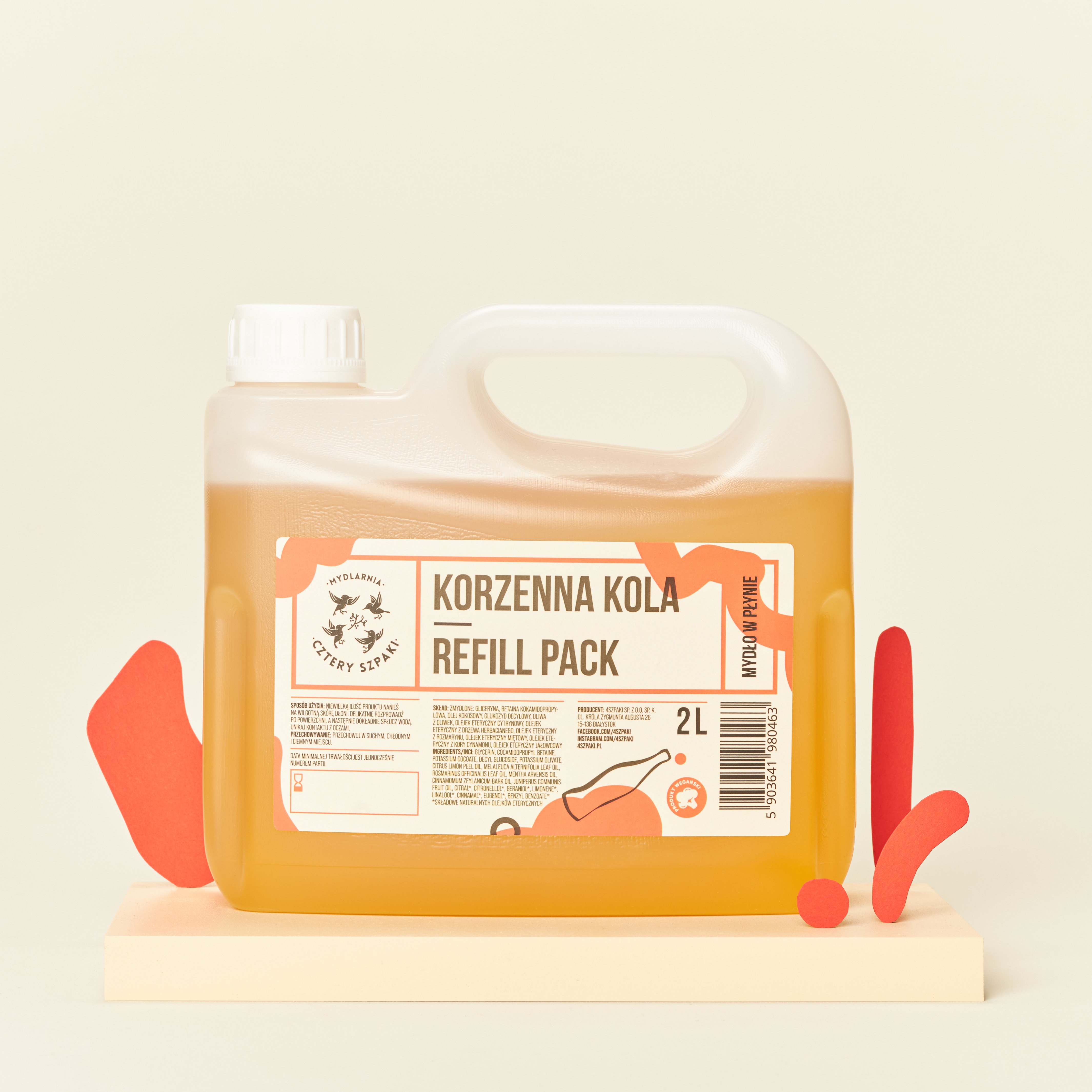 Naturalne mydło w płynie w dwulitrowym opakowaniu typu refill Korzenna Kola, 4 Szpaki