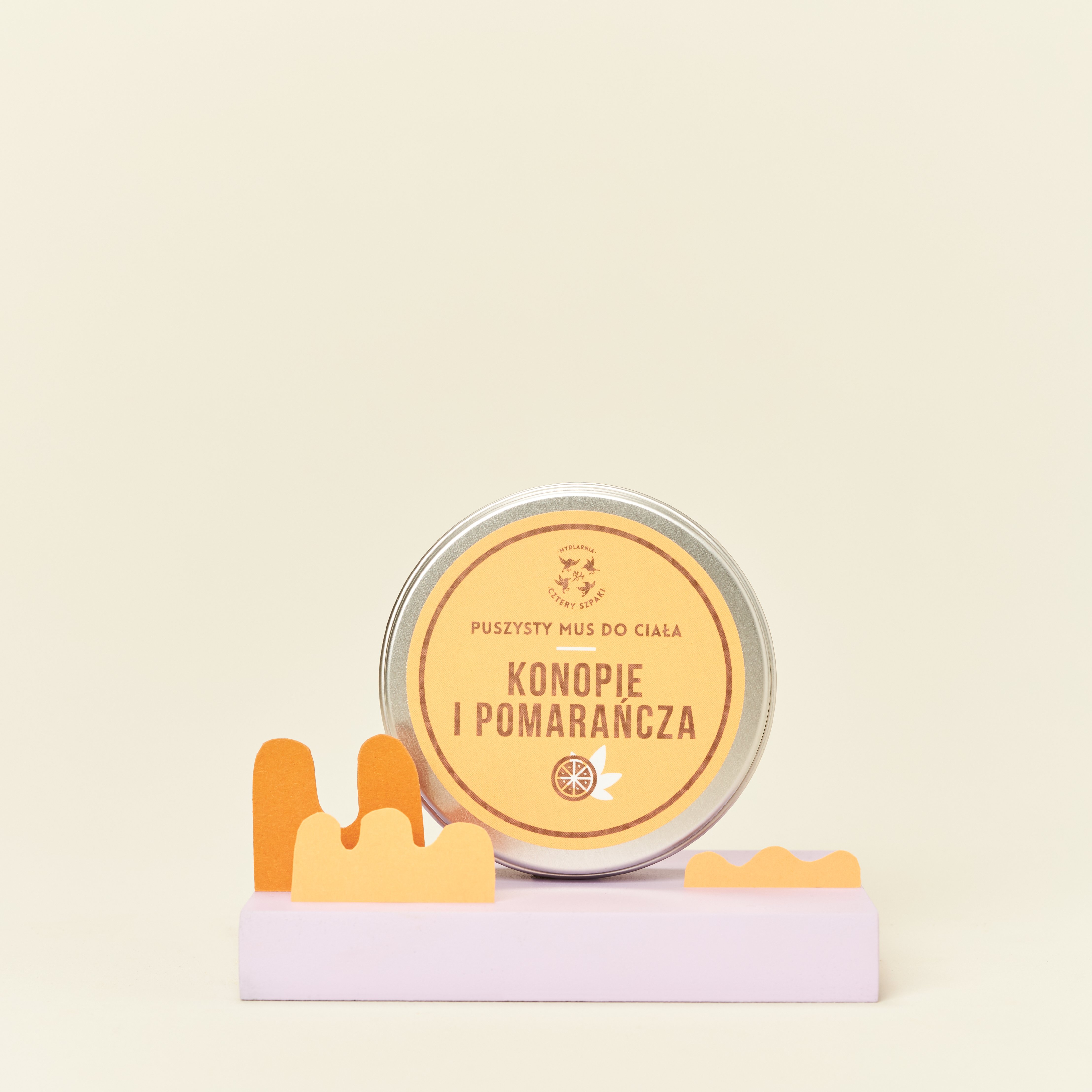 Puszysty mus do ciała Konopie i Pomarańcza w metalowej puszce z wieczkiem, 4 Szpaki