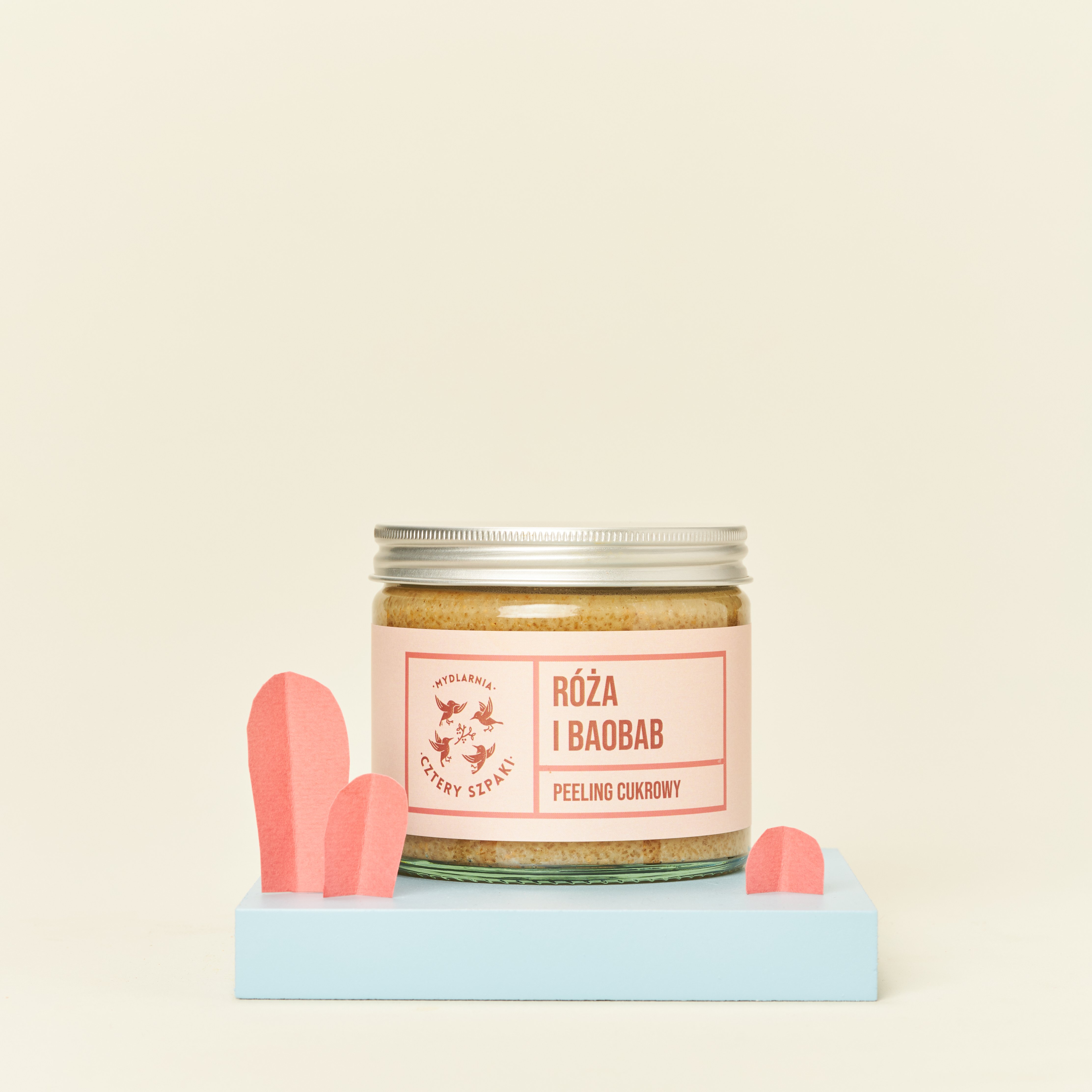 Peeling cukrowy Róża i Baobab w szklanym słoiku z metalową zakrętką