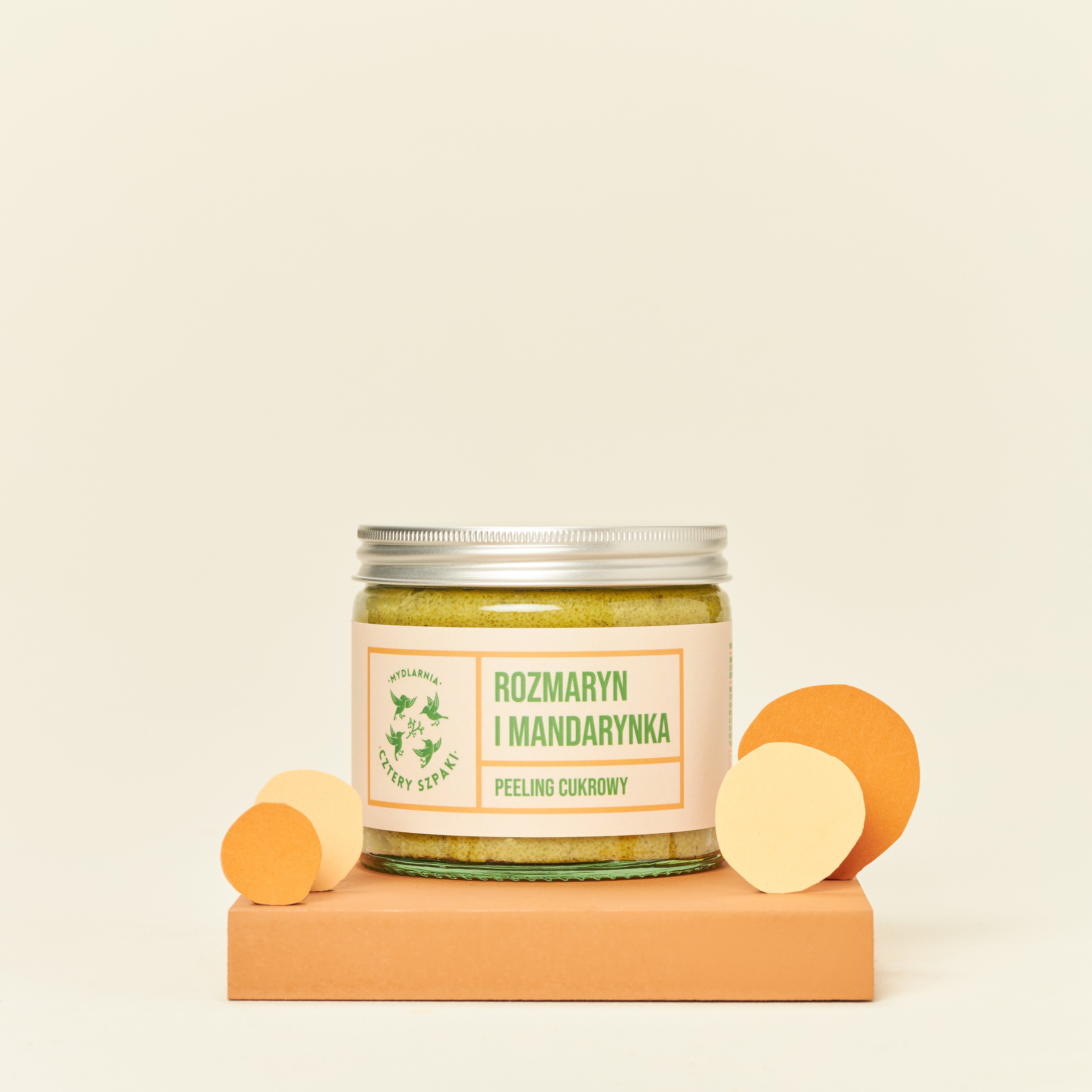 Peeling cukrowy Rozmaryn i Mandarynka w szklanym słoiku z metalową zakrętką