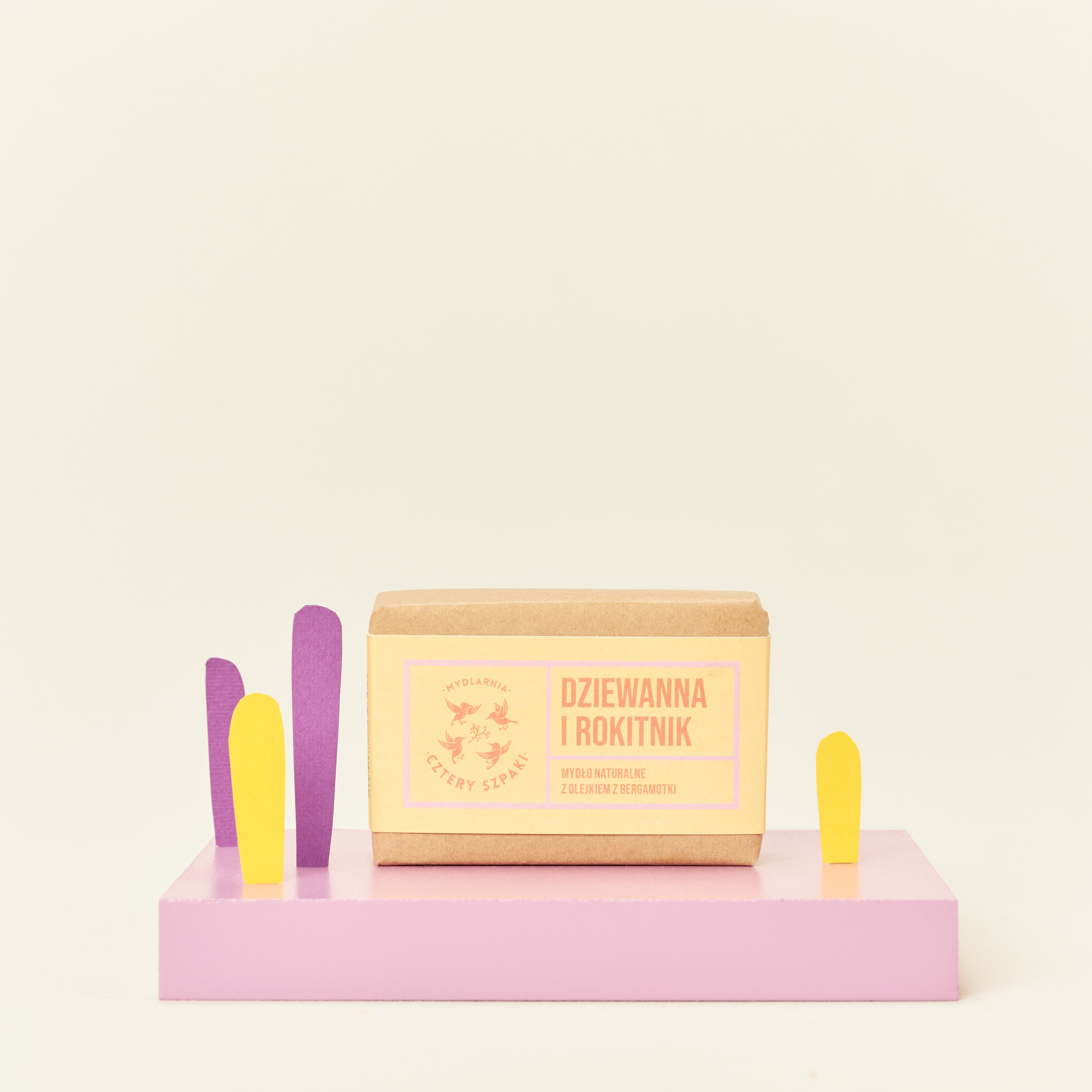 Naturalne mydło z olejem z bergamotki Dziewanna i Rokitnik w papierowym opakowaniu