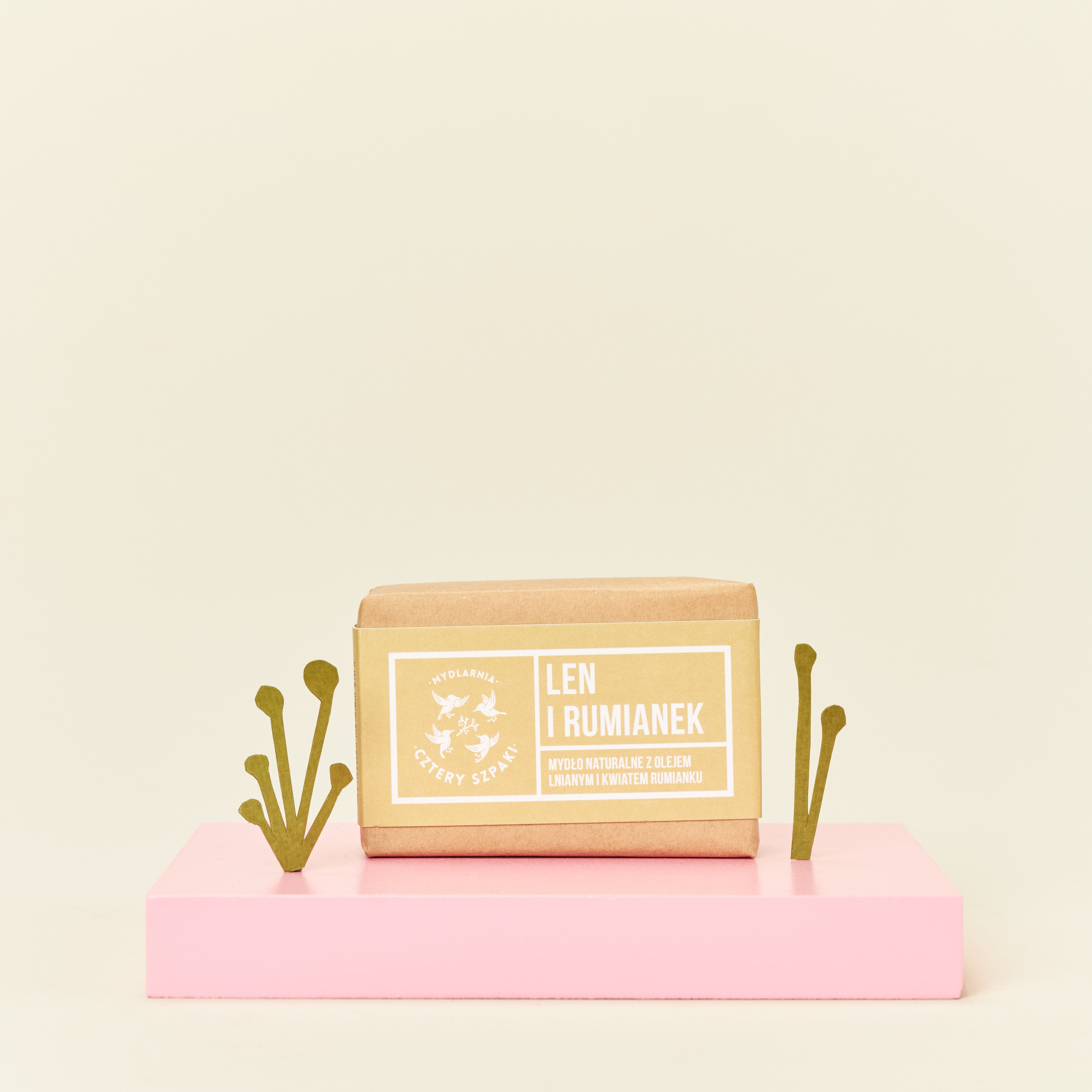 Mydło naturalne z olejem lnianym i kwiatem rumianku Len i Rumianek w papierowym opakowaniu