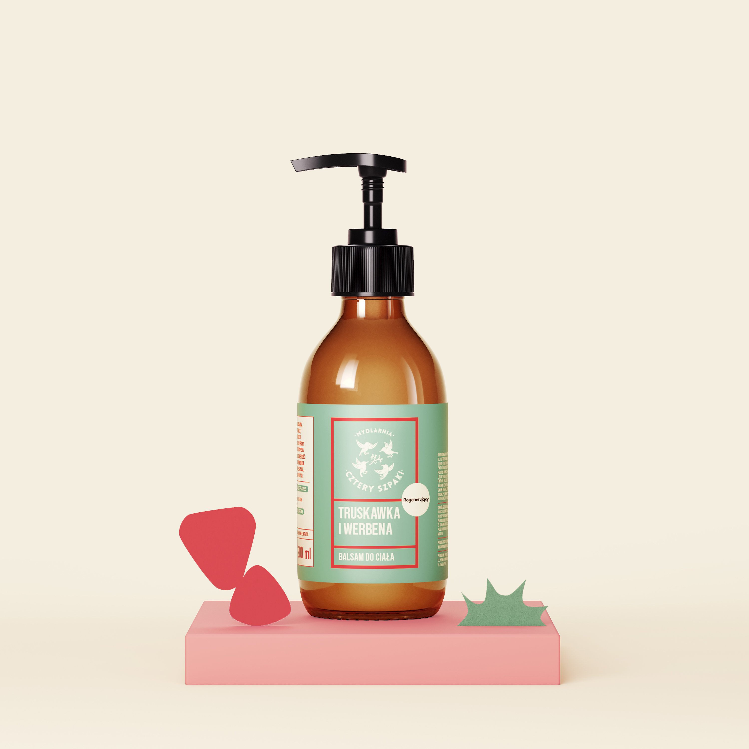 Brązowa butelka z pompką z zielono-białą etykietą stoi na różowej platformie, otoczona abstrakcyjnymi czerwonymi i zielonymi kształtami, na jasnobeżowym tle.
