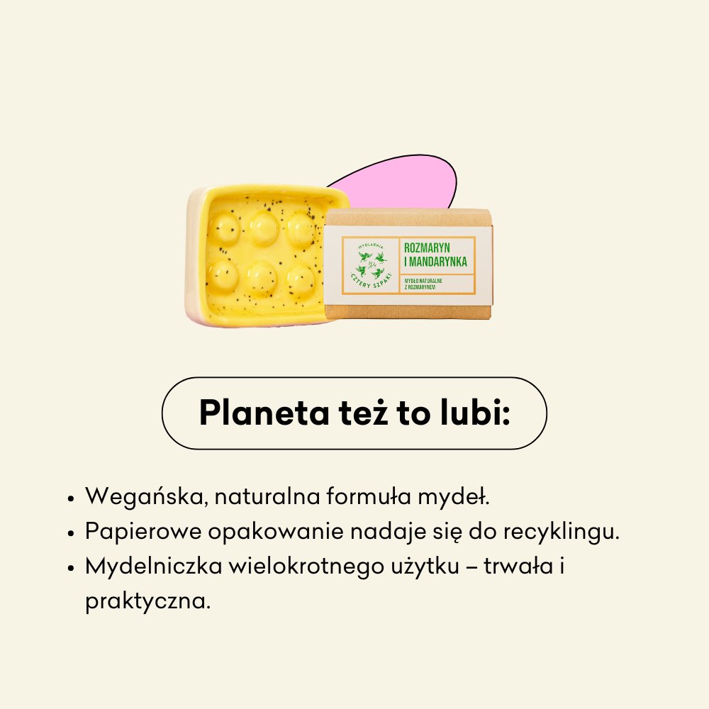 zestaw mydelniczka i dwa mydła infografika planeta też to lubi: wegańska formuła, papierowe opakowanie do recyklingu, mydelniczka wielokrotnego użytku