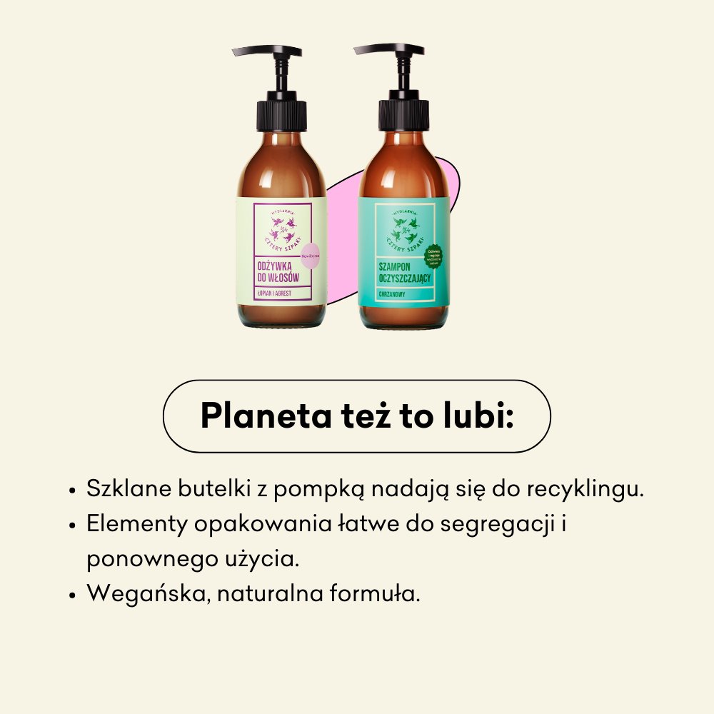 Zestaw - szampon i odżywka w płynie, szklane butelki z pompką nadają się do recyklingu.