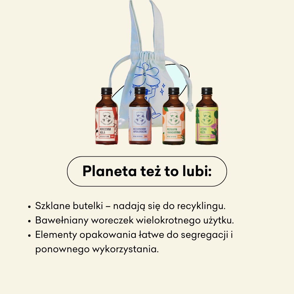 Mydło Set - zestaw 4 mini mydeł, szklane butelki - nadają się do recyklingu.