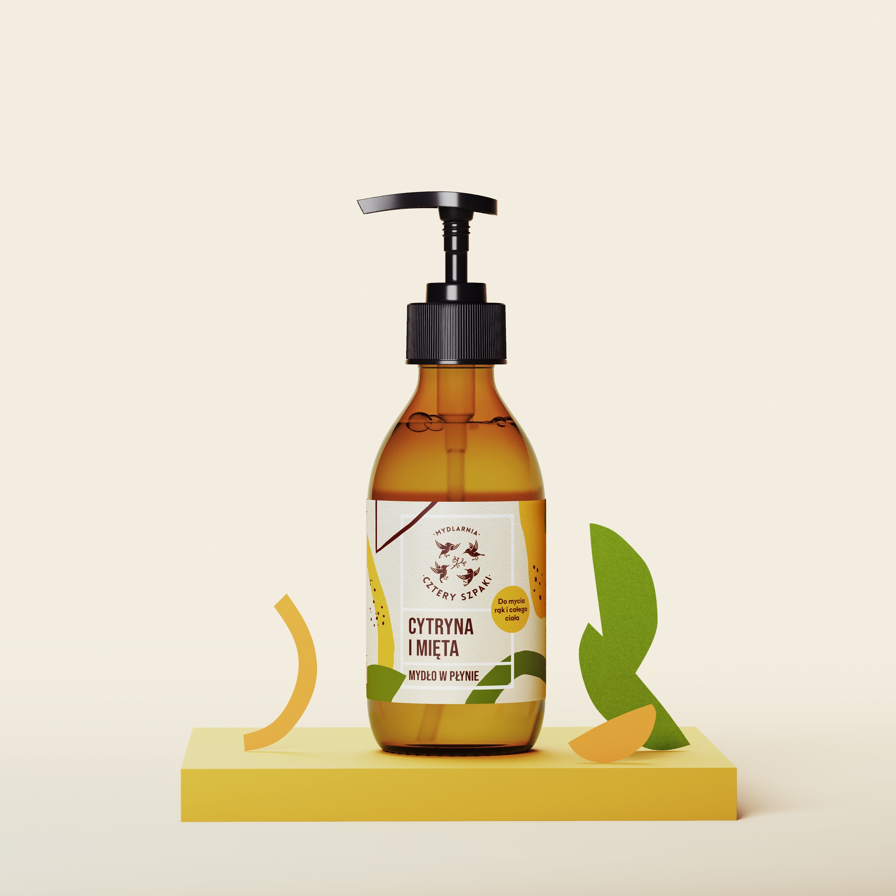 Cytryna i mięta naturalne mydło w płynie w szklanej butelce z dozownikiem. 