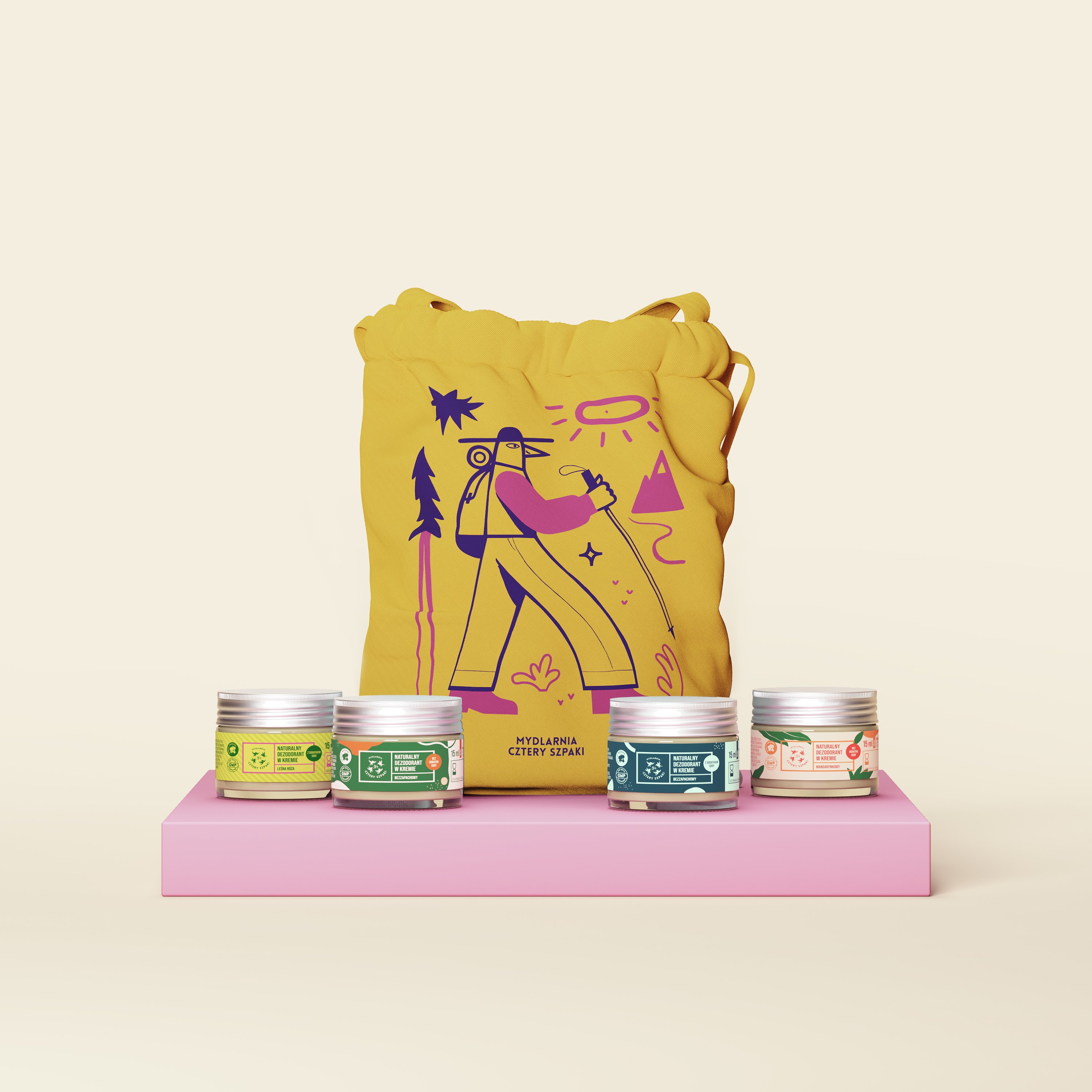 4 dezodoranty mini w kremie z woreczkiem z nadrukiem