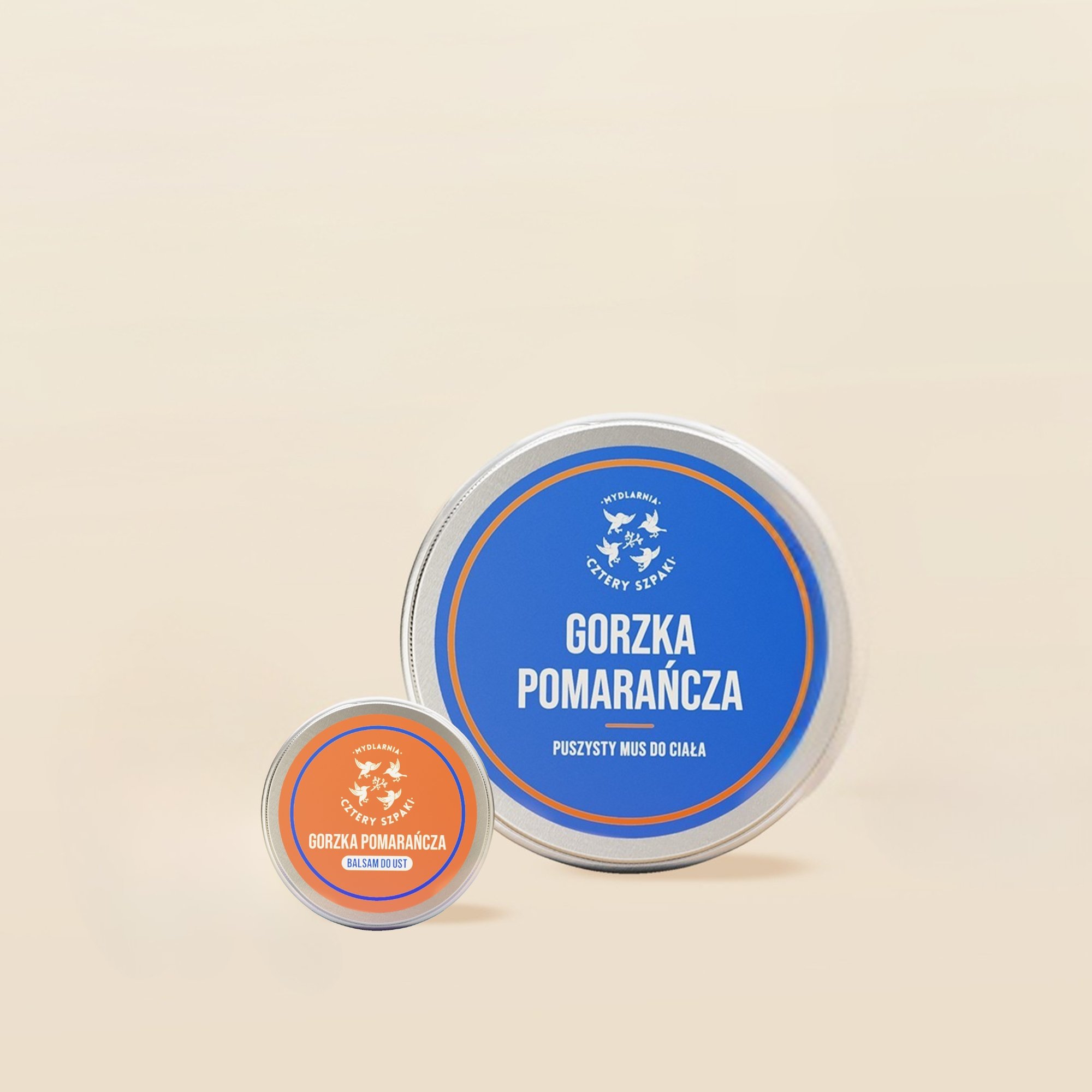 Zestaw Gorzka Pomarańcza - mus do ciała i balsam do ust w aluminiowych puszkach. 