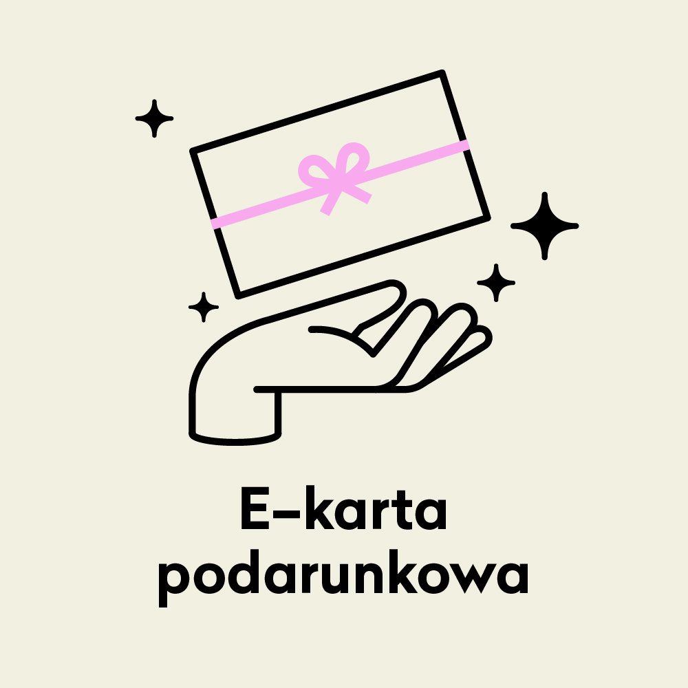 Ilustracja dłoni z e-kartą podarunkową z różową wstążką i napisem E-karta podarunkowa