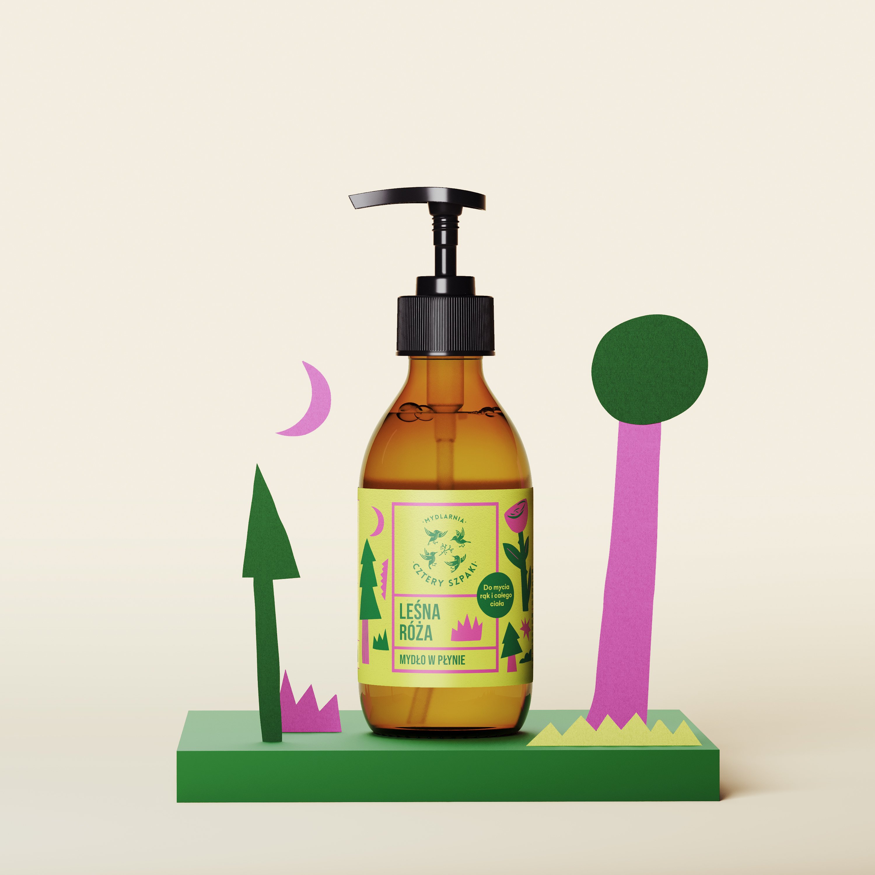 Mydło w płynie Leśna Róża w szklanej butelce z pompką. 