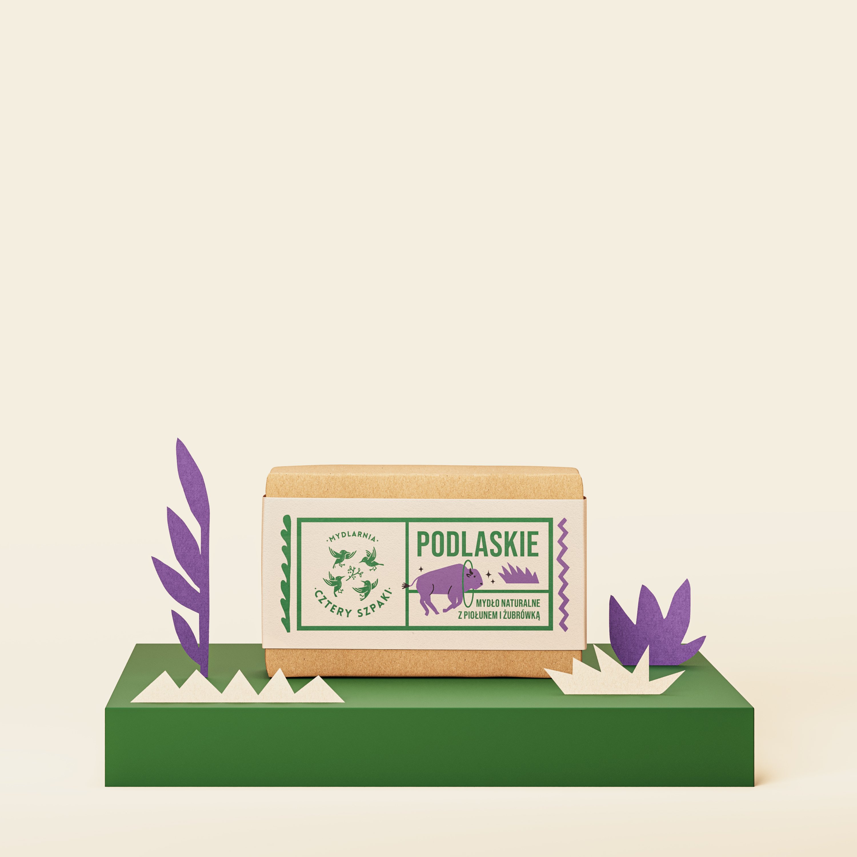 Mydło w kostce Podlaskie z piołunem i żubrówką w papierowym opakowaniu 110 g, 4 Szpaki