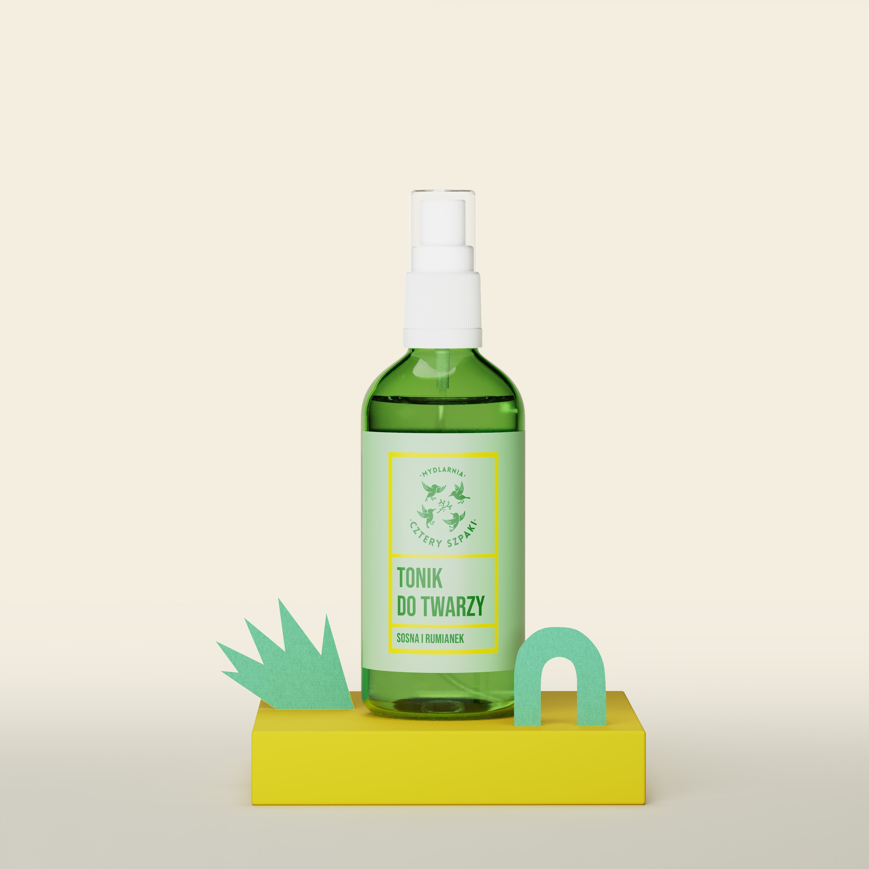 Tonik do twarzy Sosna i Rumianek w szklanej zielonej butelce z atomizerem 100 ml, 4 Szpaki