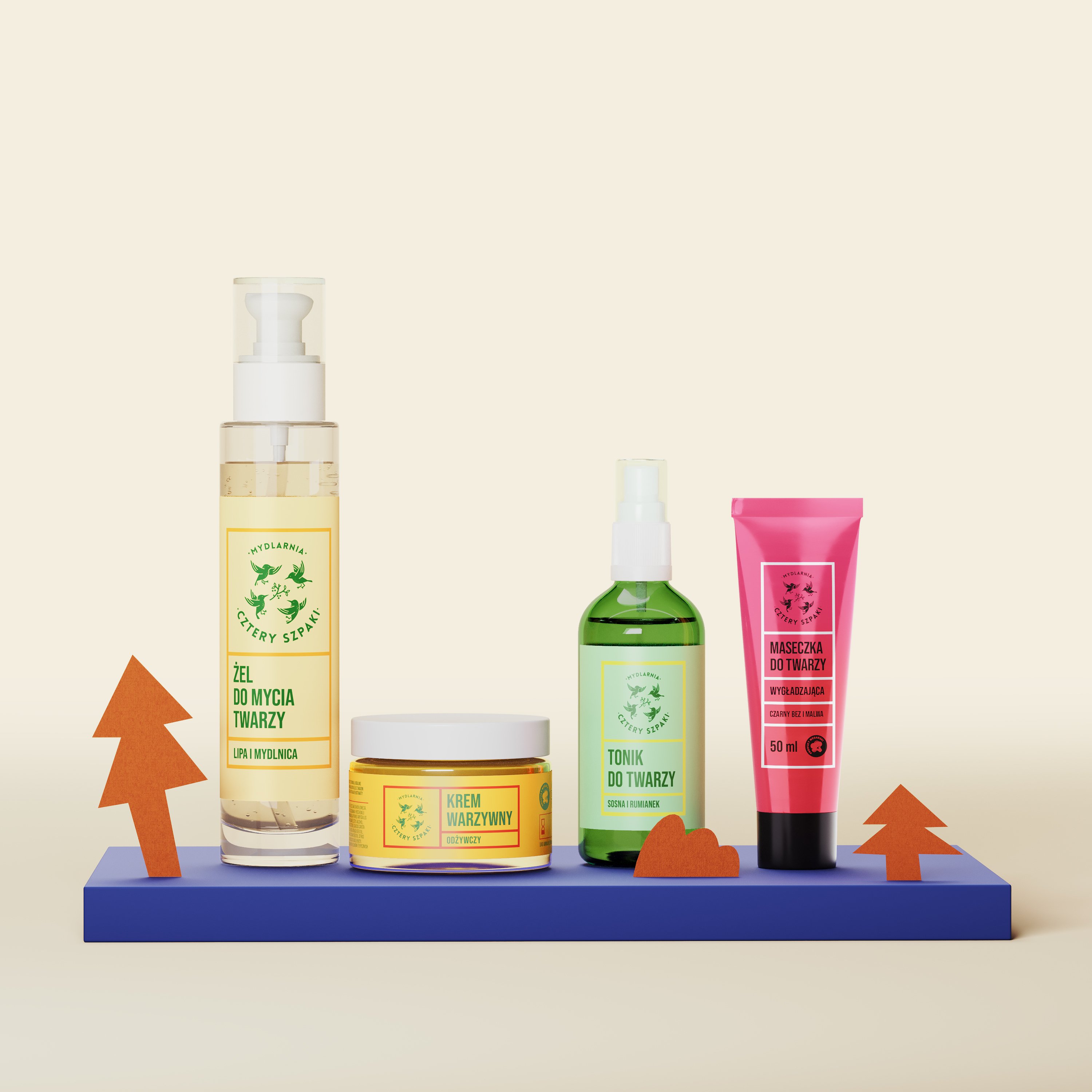 Zestaw do pielęgnacji twarzy: żel do mycia Lipa i Mydlnica, krem do twarzy, tonik do twarzy Sosna i Rumianek oraz maseczka do twarzy.