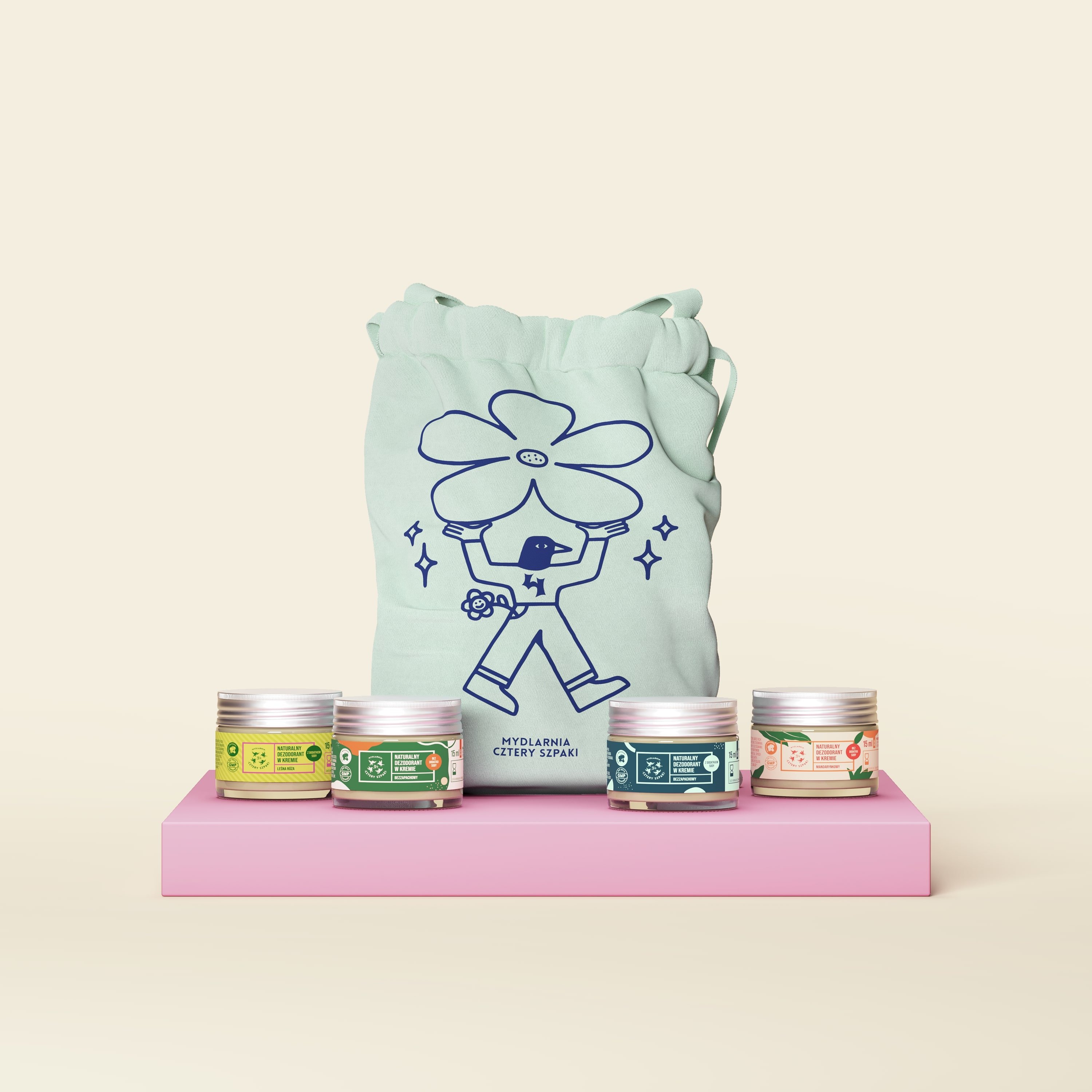 4 dezodoranty mini w kremie z woreczkiem z nadrukiem, 4 szpaki