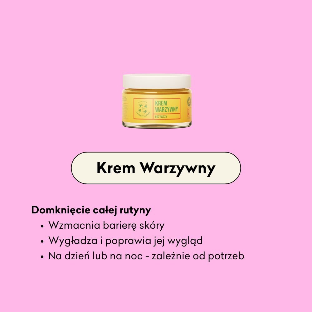 Krem Warzywny wzmacnia barierę skóry, wygładza i poprawia jej wygląd. Na dzień lub na noc - zależnie od potrzeby. 