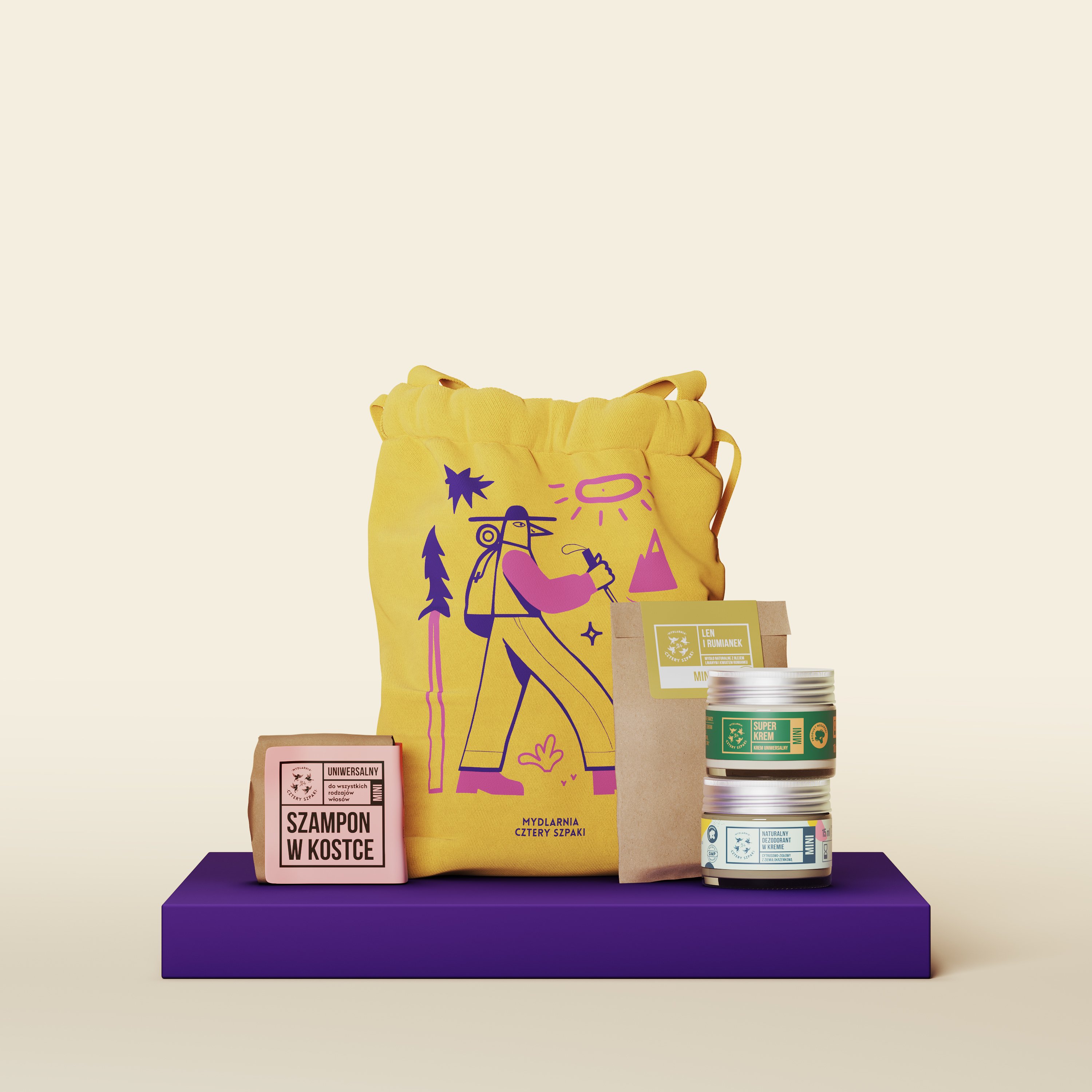 Zestaw kosmetyków naturalnych w żółtym woreczku z grafiką turysty, mini produkty: szampon w kostce Uniwersalny, mydło Len i Rumianek, Superkrem i dezodorant w kremie, 4 Szpaki