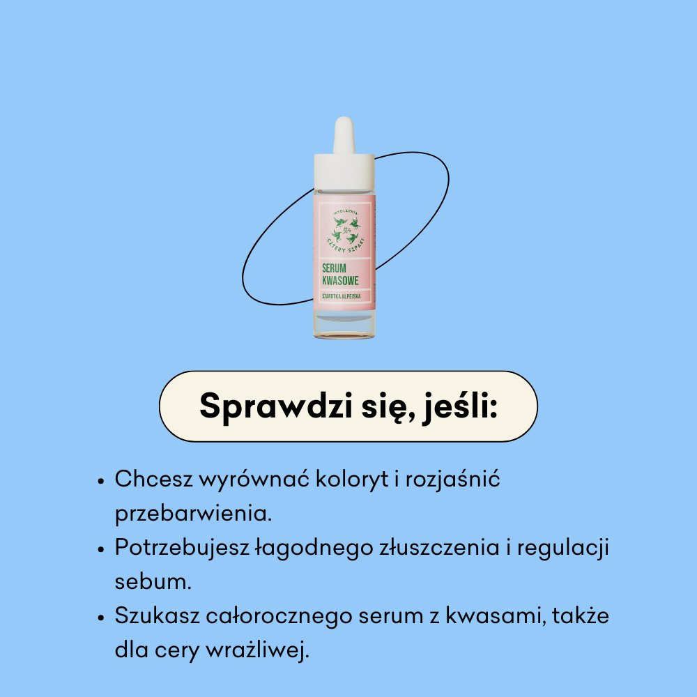 Serum Kwasowe - Szarotka Alpejska infografika sprawdzi się jeśli: chcesz wyrównać koloryt i rozjaśnić przebarwienia, potrzebujesz łagodnego złuszczenia, szukasz całorocznego serum z kwasami, także do cery wrażliwej.