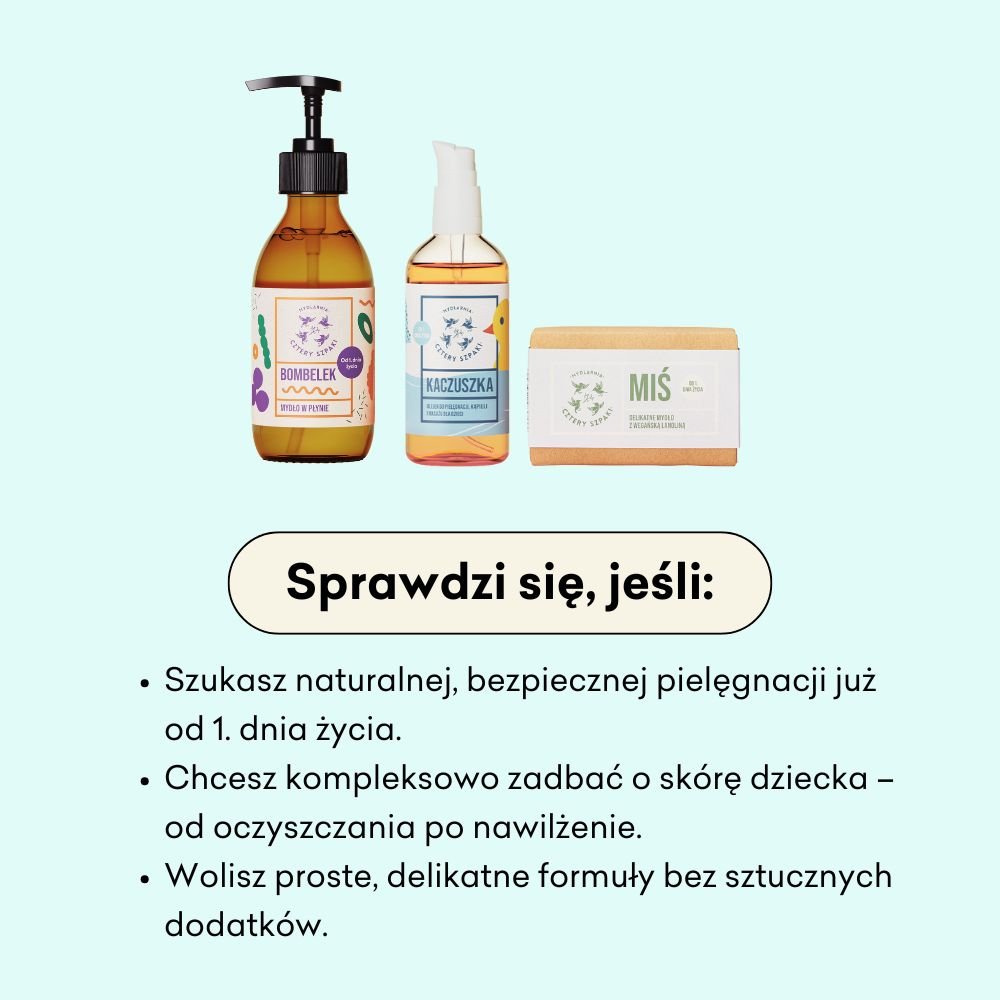 Zestaw Szpaczek sprawdzi się, jeśli szukasz naturalnej, bezpiecznej pielęgnacji już od 1. dnia życia. 