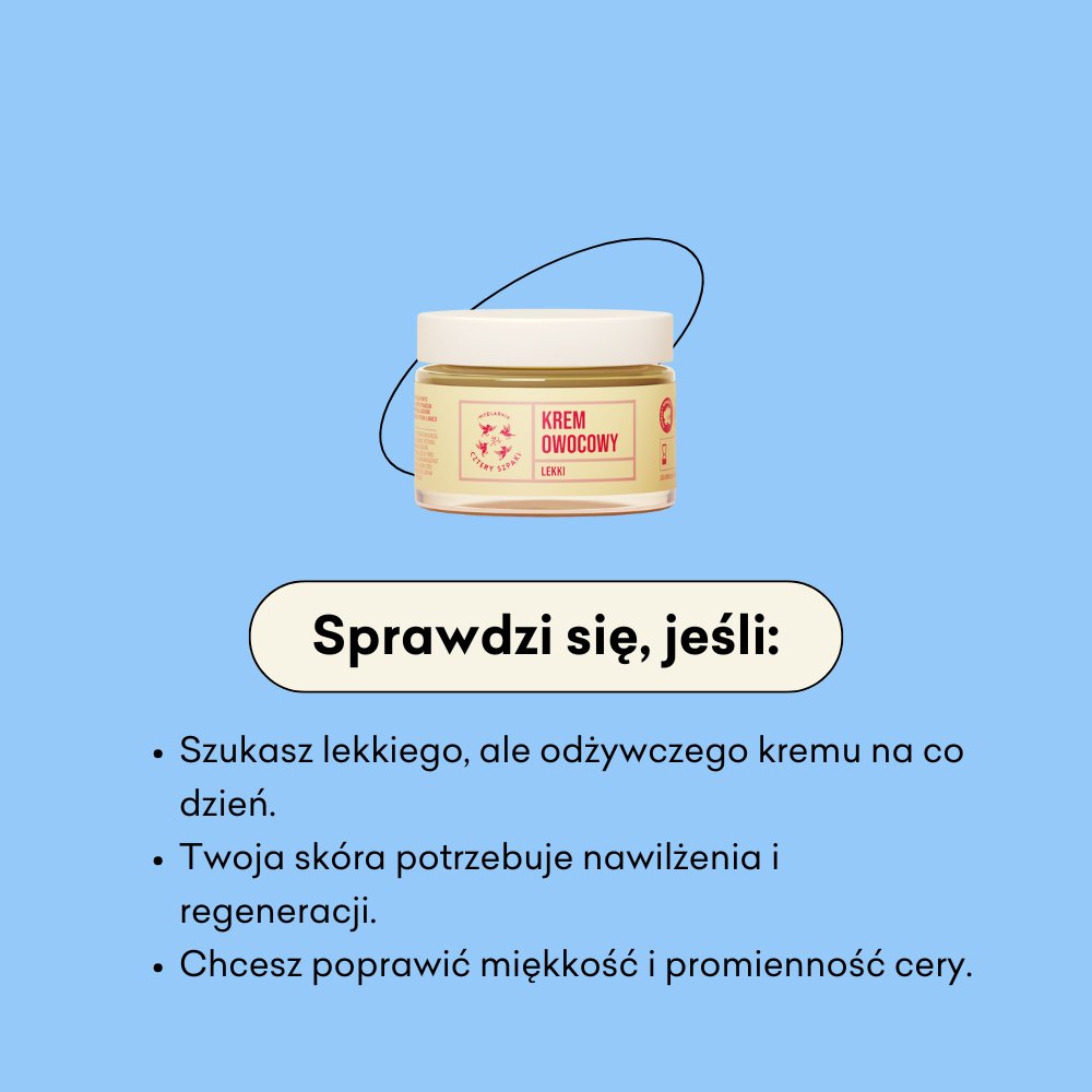 Lekki krem do twarzy Owocowy infografika sprawdzi się jeśli: szukasz lekkiego, odżywczego kremu na co dzień, twoja skóra potrzebuje nawilżenia i regeneracji, chcesz poprawić miękkość cery.