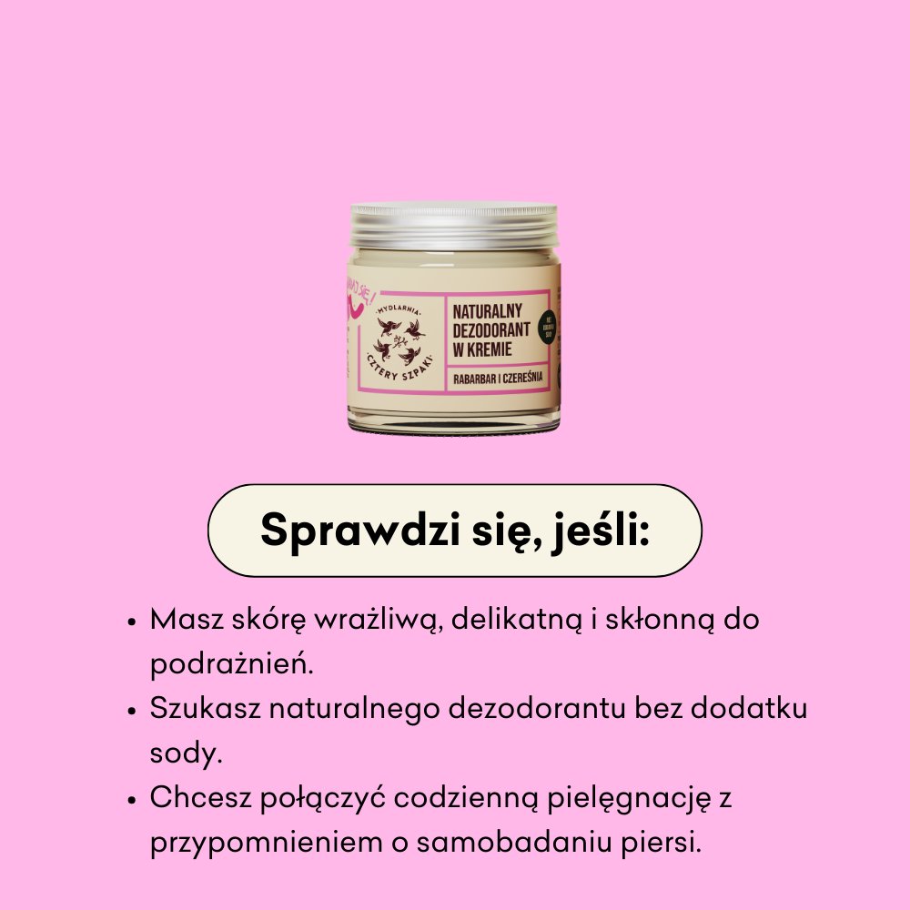 Słoiczek naturalnego dezodorantu w kremie z etykietą „Rabarbar i Czereśnia” stoi na różowym tle. Poniższy tekst wyszczególnia zalety: odpowiedni dla wrażliwej skóry, nie zawiera sody oczyszczonej i zachęca do samodzielnego badania piersi.