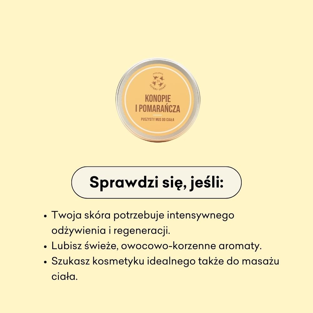 Puszka musu do ciała z napisem „Konopie i Pomarańcza” została osadzona na jasnożółtym tle. Poniżej tekst podkreśla zalety produktu w zakresie odżywiania i regeneracji skóry, jego świeży owocowo-korzenny zapach oraz przydatność do masażu ciała.