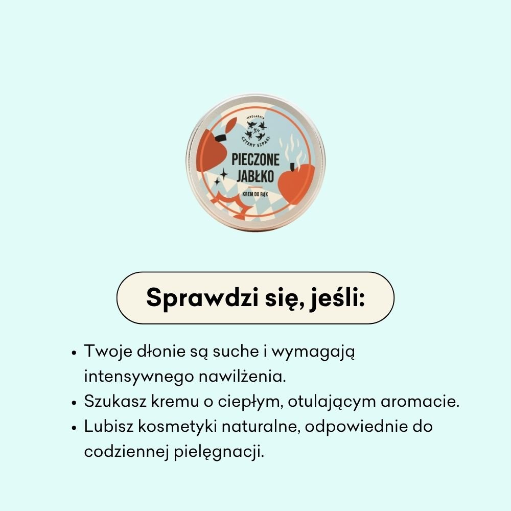 Okrągłe opakowanie kremu do rąk „Pieczone Jabłko” z motywem jabłek i ciepłą kolorystyką. Poniżej tekst podkreśla korzyści dla suchych rąk, ciepły, otulający zapach i przydatność do codziennego stosowania z naturalnymi składnikami.