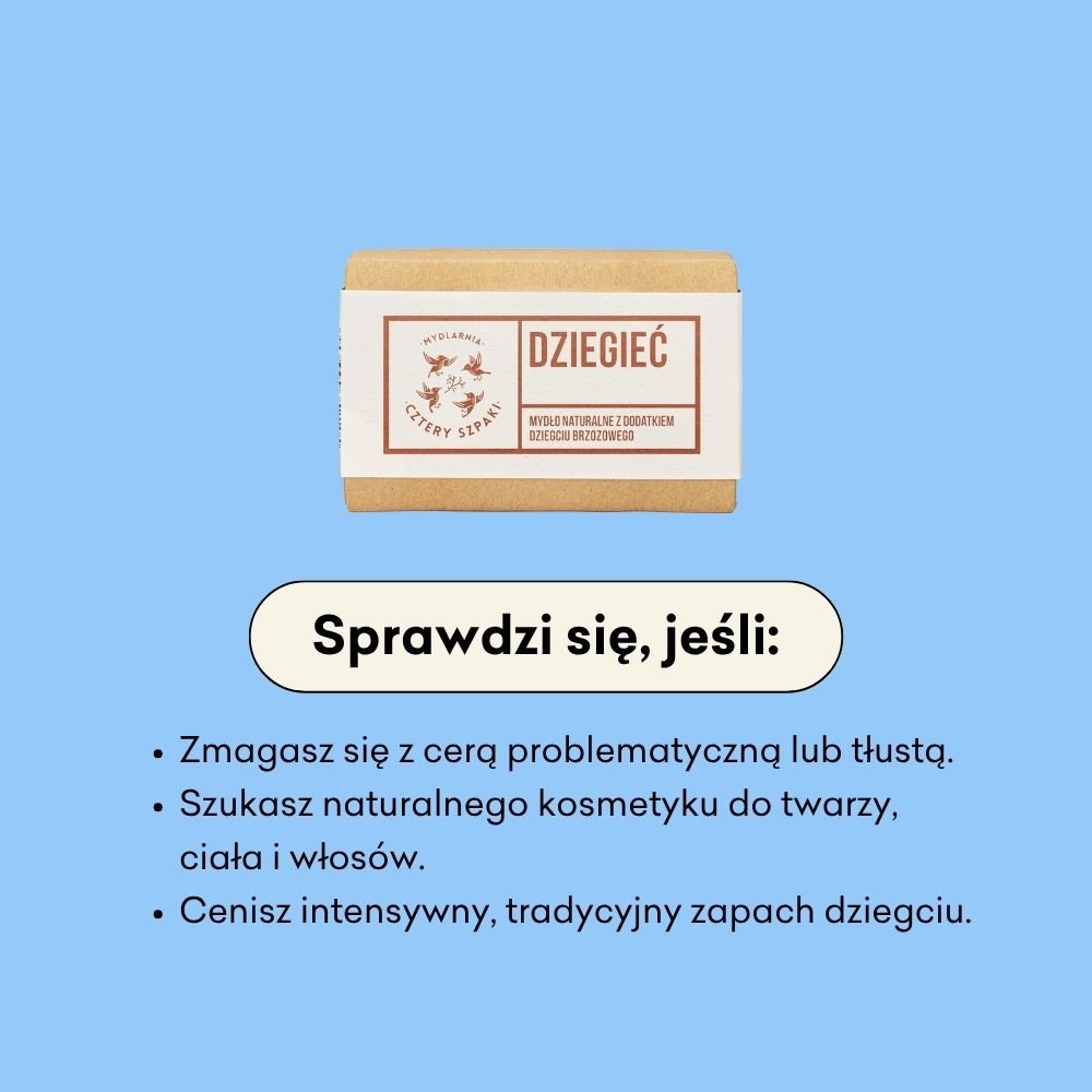 Kostka naturalnego mydła ze smołą brzozową, DZIEGIEĆ. Sprawdzi się dla skóry problematycznej lub tłustej.