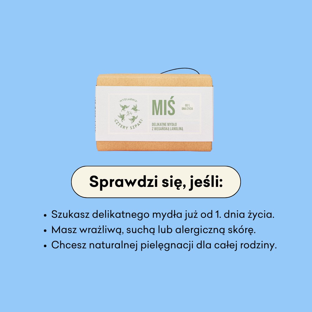 Mydło w kostce Miś z wegańską lanoliną sprawdzi się jeśli szukasz delikatnego mydła od 1. dnia życia.