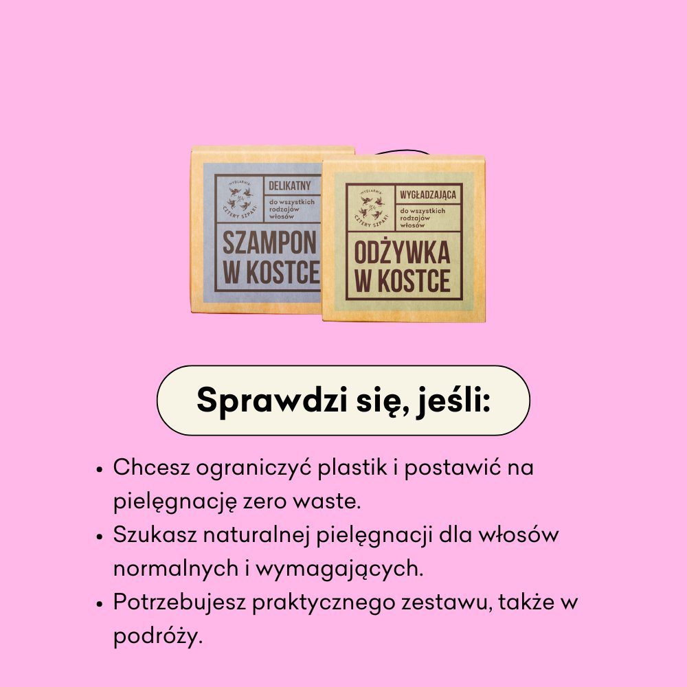 Włosopak duet infografika sprawdzi się jeśli: chcesz ograniczyć plastik i postawić na zero waste, szukasz naturalnej pielęgnacji dla włosów, potrzebujesz praktycznego zestawu także w podróży.