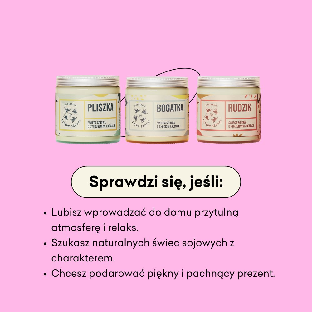 Trzypak świec sojowych - Rudzik, Pliszka i Bogatka, sprawdzi się jeśli lubisz przytulną atmosferę i relaks.