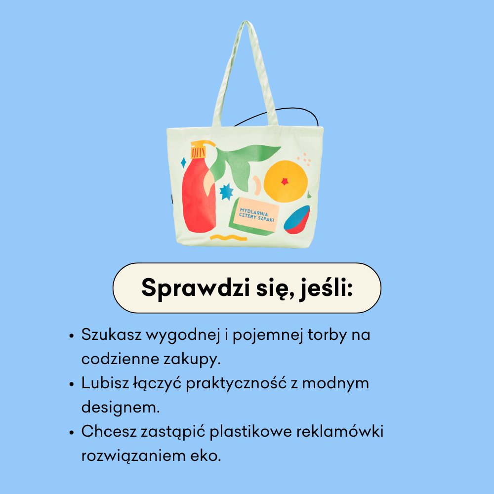 Torba na zakupy z owocowym wzorem na jasnym tle. Obok lista zalet torby: wygoda, pojemność, modny design, oraz ekologiczne zastąpienie plastikowych reklamówek.